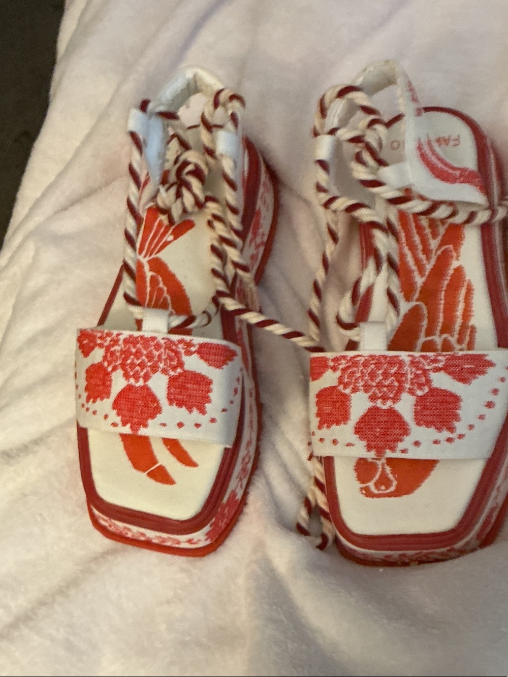 FA White and Orange Embroidered Platform Mules with Braided Ties